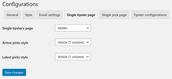 Configurations single tipster admin