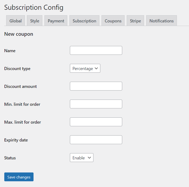 Configurations add coupon admin